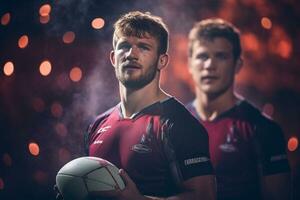 Male rugby players competing on the rugby field photo