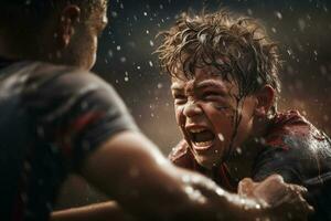 Male rugby players competing on the rugby field photo