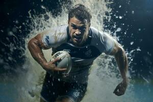 Male rugby players competing on the rugby field photo