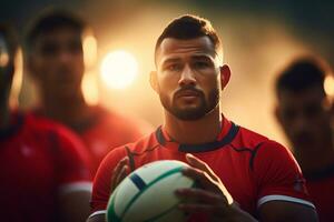 masculino rugby jugadores compitiendo en el rugby campo foto