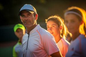 tenis jugadores en pie y hablando con su entrenadores en el tenis Corte foto