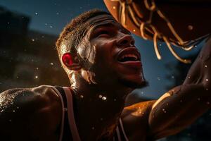 Male basketball player playing basketball in a crowded indoor basketball court photo