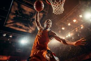 Male basketball player playing basketball in a crowded indoor basketball court photo