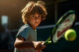 chico tenis jugador compitiendo en tenis Corte foto