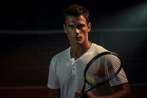 Male tennis player competing in tennis court photo