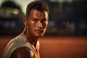 Male tennis player competing in tennis court photo