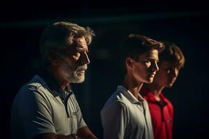 Tennis players standing and talking with their coaches on the tennis court photo