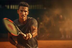 Male tennis player competing in tennis court photo