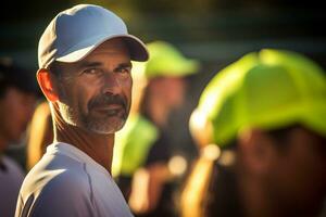 Tennis players standing and talking with their coaches on the tennis court photo