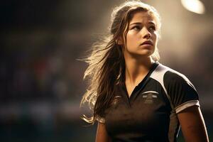 Female rugby players competing on the rugby field photo