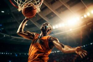 Male basketball player playing basketball in a crowded indoor basketball court photo