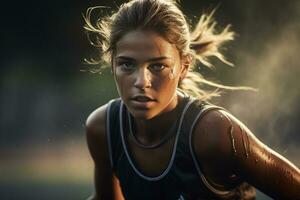 A female hockey player is playing field hockey photo