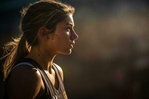 A female hockey player is playing field hockey photo