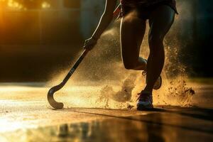 A female hockey player is playing field hockey photo