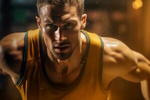 Male basketball player playing basketball in a crowded indoor basketball court photo