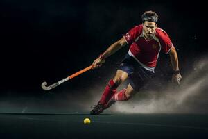 A male hockey player is playing field hockey photo