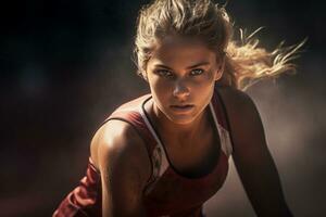 A female hockey player is playing field hockey photo