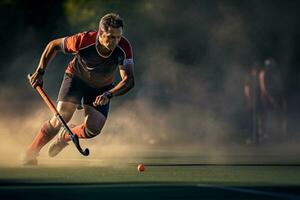 A male hockey player is playing field hockey photo