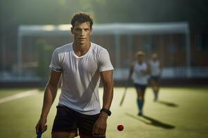 un masculino hockey jugador es jugando campo hockey foto