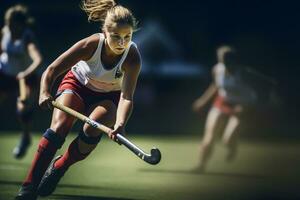 A female hockey player is playing field hockey photo