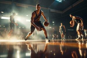 Male basketball player playing basketball in a crowded indoor basketball court photo