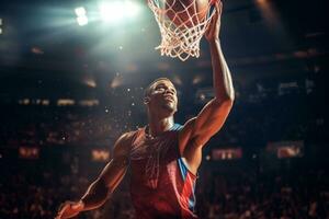 Male basketball player playing basketball in a crowded indoor basketball court photo