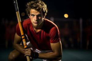 A male hockey player is playing field hockey photo