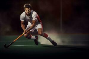 A male hockey player is playing field hockey photo