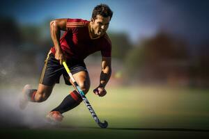 A male hockey player is playing field hockey photo