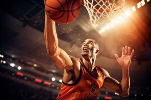 Male basketball player playing basketball in a crowded indoor basketball court photo