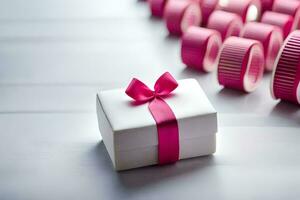 pink ribbon on white table, symbol of strength, ai generative photo