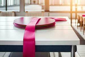 pink ribbon on white table, symbol of strength, ai generative photo