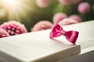 pink ribbon on white table, symbol of strength, ai generative photo