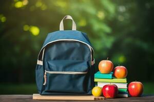 espalda a colegio concepto. colegio mochila con libros y manzana en de madera mesa. mochila con colegio suministros en un pizarra, ai generado foto
