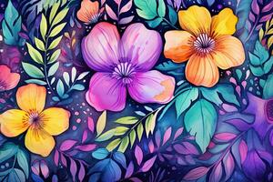 Watercolor floral background with colorful flowers and leaves. Hand drawn illustration, Background of leaves and flowers in watercolor, AI Generated photo