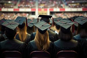 espalda ver de estudiantes en graduación tapas en el sala de universidad, trasero graduación sombreros durante comienzo éxito, ai generado foto