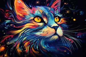 Illustration of a cat's head on a cosmic background with stars background with a cat color art, AI Generated photo