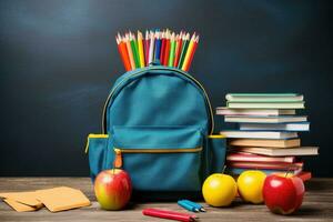 Back to school concept. School supplies and backpack on blackboard background, Backpack With School Supplies on a Blackboard, AI Generated photo