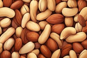 Seamless background with nuts. Background illustration of various natural fresh nuts, AI Generated photo