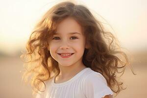 retrato de un linda pequeño niña con largo Rizado pelo en el playa, bandera Perfecto niños sonrisa cerca arriba, contento pequeño niña con hermosa blanco Leche diente, ai generado foto