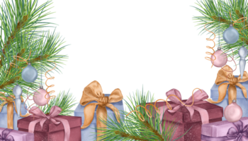 Natale tavola di regalo scatole, Natale decorazioni digitale illustrazione. regalo, involucro nastro, serpentina mano disegnato. design elemento per ragnatela striscione, nuovo anno carta, invito. png