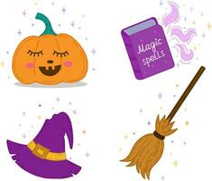 A set of elements for Halloween a pumpkin, a book of spells, a witch is hat and a broom. Vector is a cute illustration in a hand-drawn style. A set for Halloween.