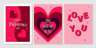 Valentine's Day greeting card set. Hand drawn trendy cartoon heart, love lettering. Vector illustration