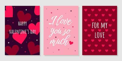 conjunto de tarjetas de felicitación del día de san valentín. corazón de dibujos animados de moda dibujado a mano, letras de amor. ilustración vectorial vector