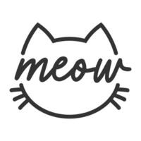 Meow lettering inside cat head pictogram, with ears and whiskers. Cute design for feline lovers and cat moms. vector