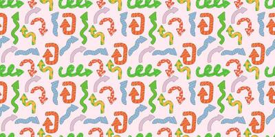 Direction indicators seamless pattern. Naive playful arrow pointers with vector texture in trendy retro style. Y2k aesthetic. Dynamic arrow signs for design