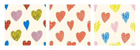 Naive playful hearts with loop, drops, spots, curves, lines and waves seamless pattern. Hand drawn doodle elements. Vector illustration with wavy and spiral elements.