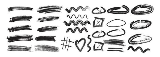 Abstract doodle charcoal lines and scribbled shapes. Uneven crayon strokes. Grunge brushes collection. vector