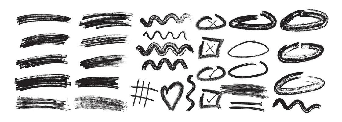 Abstract doodle charcoal lines and scribbled shapes. Uneven crayon strokes. Grunge brushes collection.