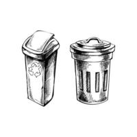 Monochrome hand drawn sketches of plastic and metal trash containers. Segregate waste, sorting garbage, waste management. Vector illustration. Vintage, doodle style.